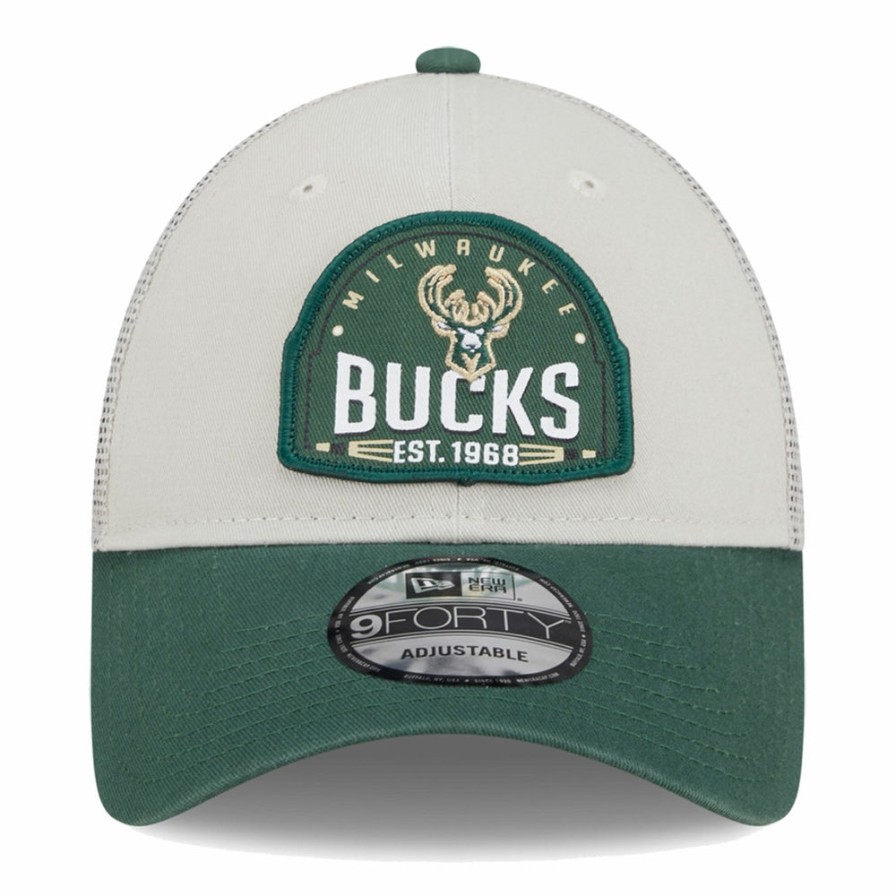 Khaki/Hunter Green Milwaukee Bucks Throwback Patch Trucker 9FORTY Adjustable Hat | NBA