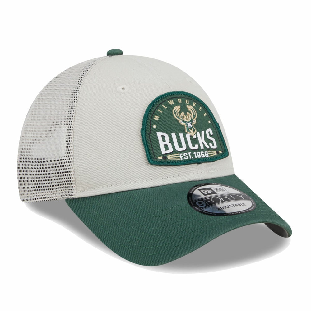 Khaki/Hunter Green Milwaukee Bucks Throwback Patch Trucker 9FORTY Adjustable Hat | NBA