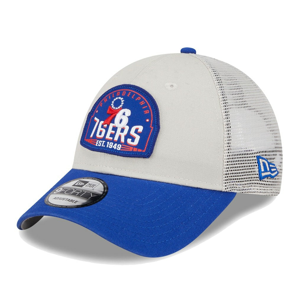 Khaki/Royal Philadelphia 76ers Throwback Patch Trucker 9FORTY Adjustable Hat | NBA