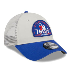 Khaki/Royal Philadelphia 76ers Throwback Patch Trucker 9FORTY Adjustable Hat | NBA