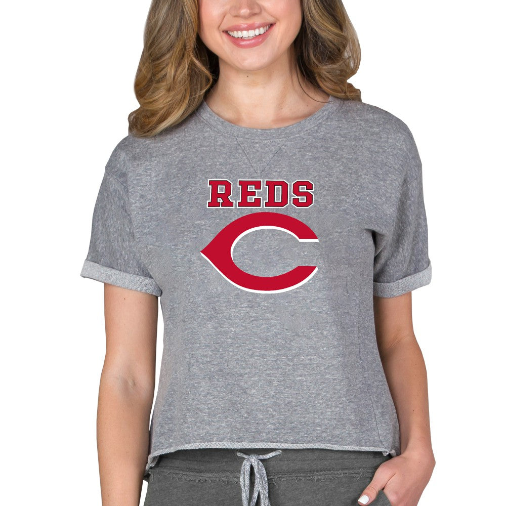 Cincinnati Reds Concepts Sport Women's Tri-Blend Mainstream Terry Short Sleeve Sweatshirt Top - MLB Sweatshirts