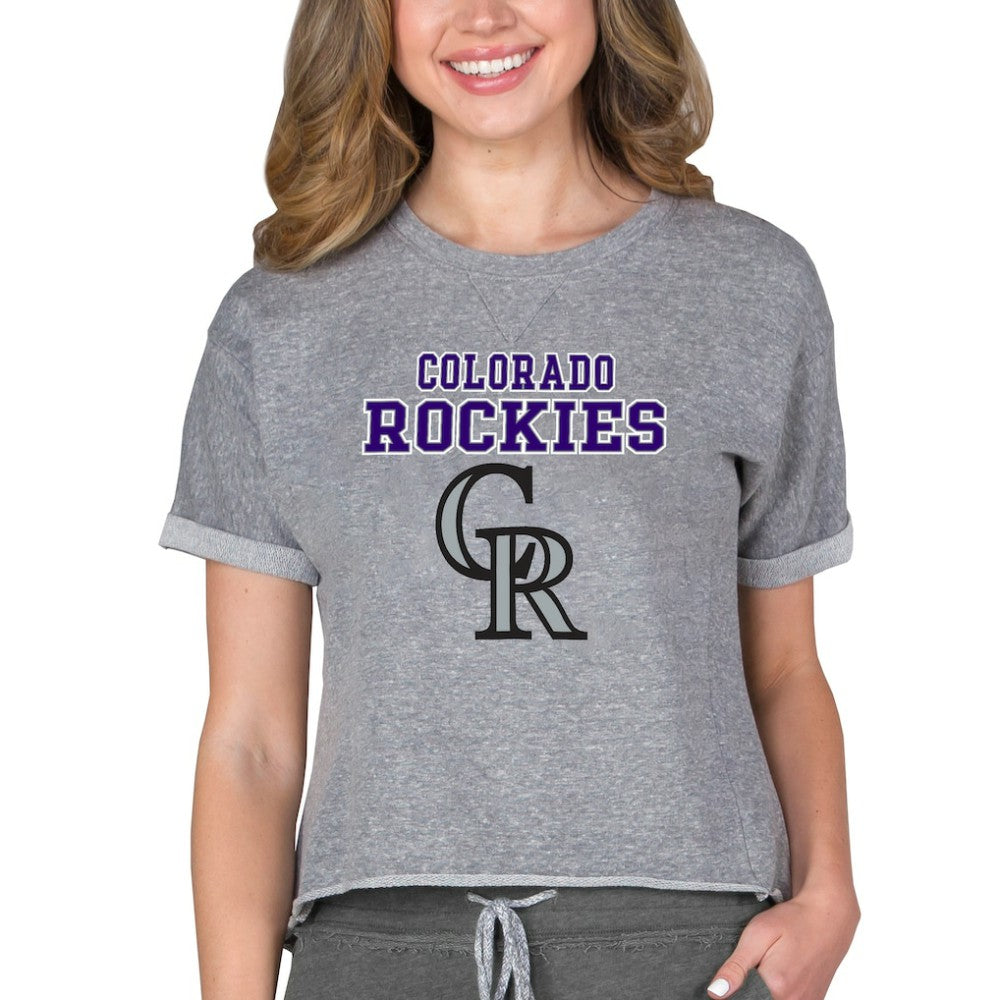 Colorado Rockies Concepts Sport Women's Tri-Blend Mainstream Terry Short Sleeve Sweatshirt Top - MLB Sweatshirts