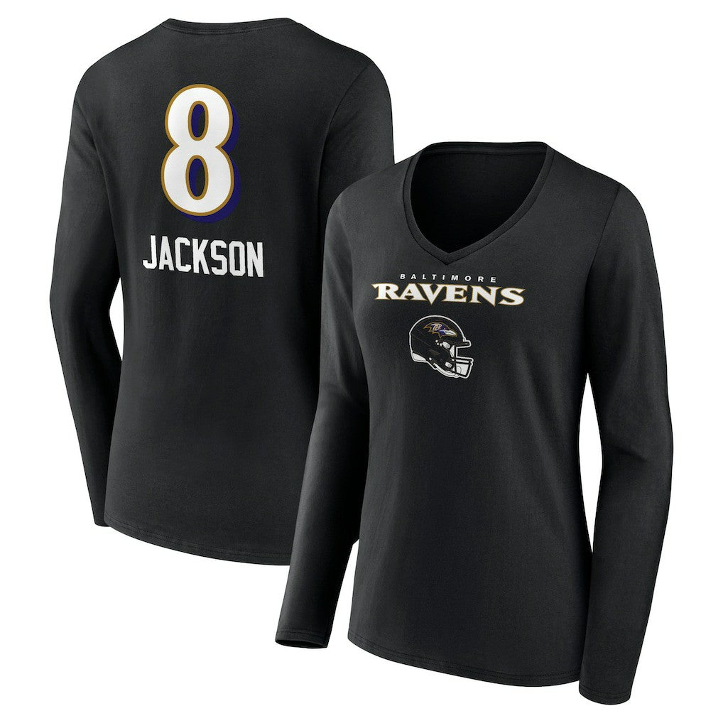 Baltimore Ravens Lamar Jackson  Women's Team Wordmark Long Sleeve V-Neck T-Shirt | NFL Outlet