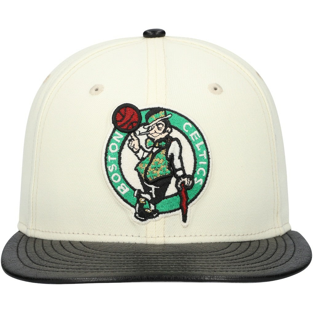 White/Black Boston Celtics Faux Leather Visor Two-Tone 59FIFTY Fitted Hat | NBA