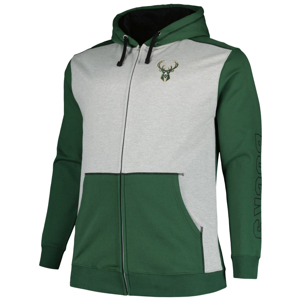 Hunter Green/Heather Gray Milwaukee Bucks Big & Tall Contrast Pieced Stitched Full-Zip Hoodie | NBA