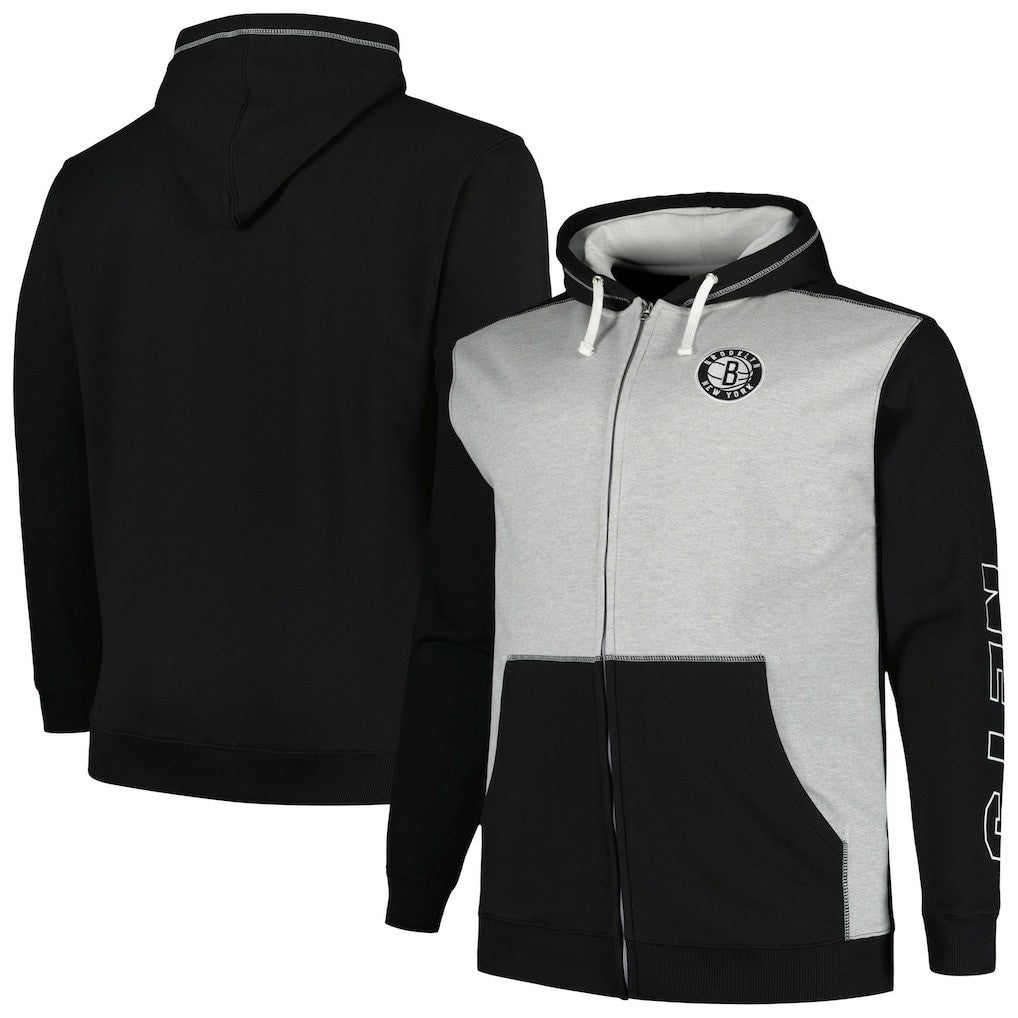 Black/Heather Gray Brooklyn Nets Big & Tall Contrast Pieced Stitched Full-Zip Hoodie | NBA