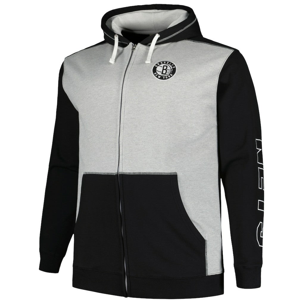 Black/Heather Gray Brooklyn Nets Big & Tall Contrast Pieced Stitched Full-Zip Hoodie | NBA