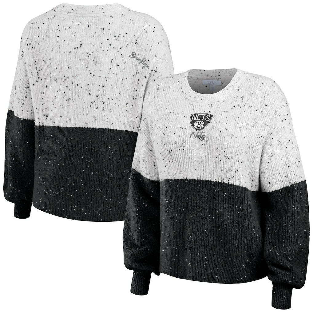 White/Black Brooklyn Nets WEAR by Erin Andrews Women's Color-Block Pullover Sweater | NBA