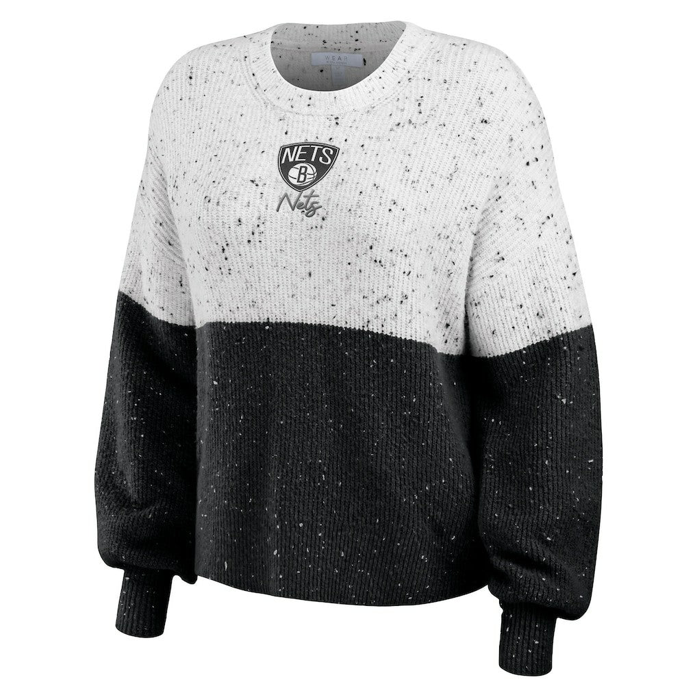 White/Black Brooklyn Nets WEAR by Erin Andrews Women's Color-Block Pullover Sweater | NBA