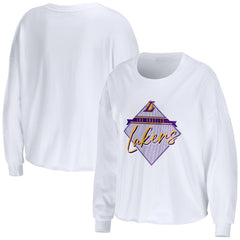 White Los Angeles Lakers WEAR by Erin Andrews Women's Cropped Long Sleeve T-Shirt | NBA