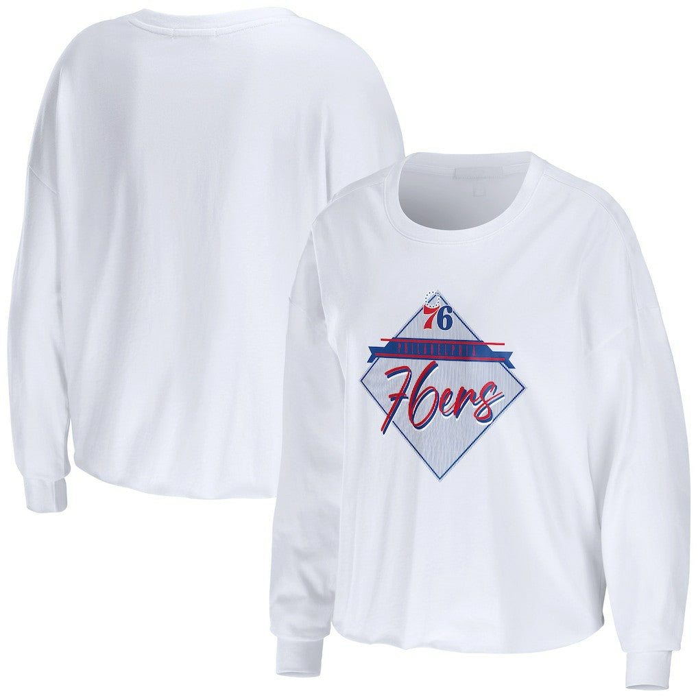 White Philadelphia 76ers WEAR by Erin Andrews Women's Cropped Long Sleeve T-Shirt | NBA