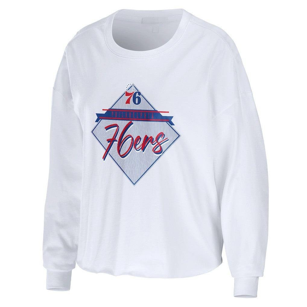 White Philadelphia 76ers WEAR by Erin Andrews Women's Cropped Long Sleeve T-Shirt | NBA