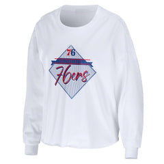 White Philadelphia 76ers WEAR by Erin Andrews Women's Cropped Long Sleeve T-Shirt | NBA