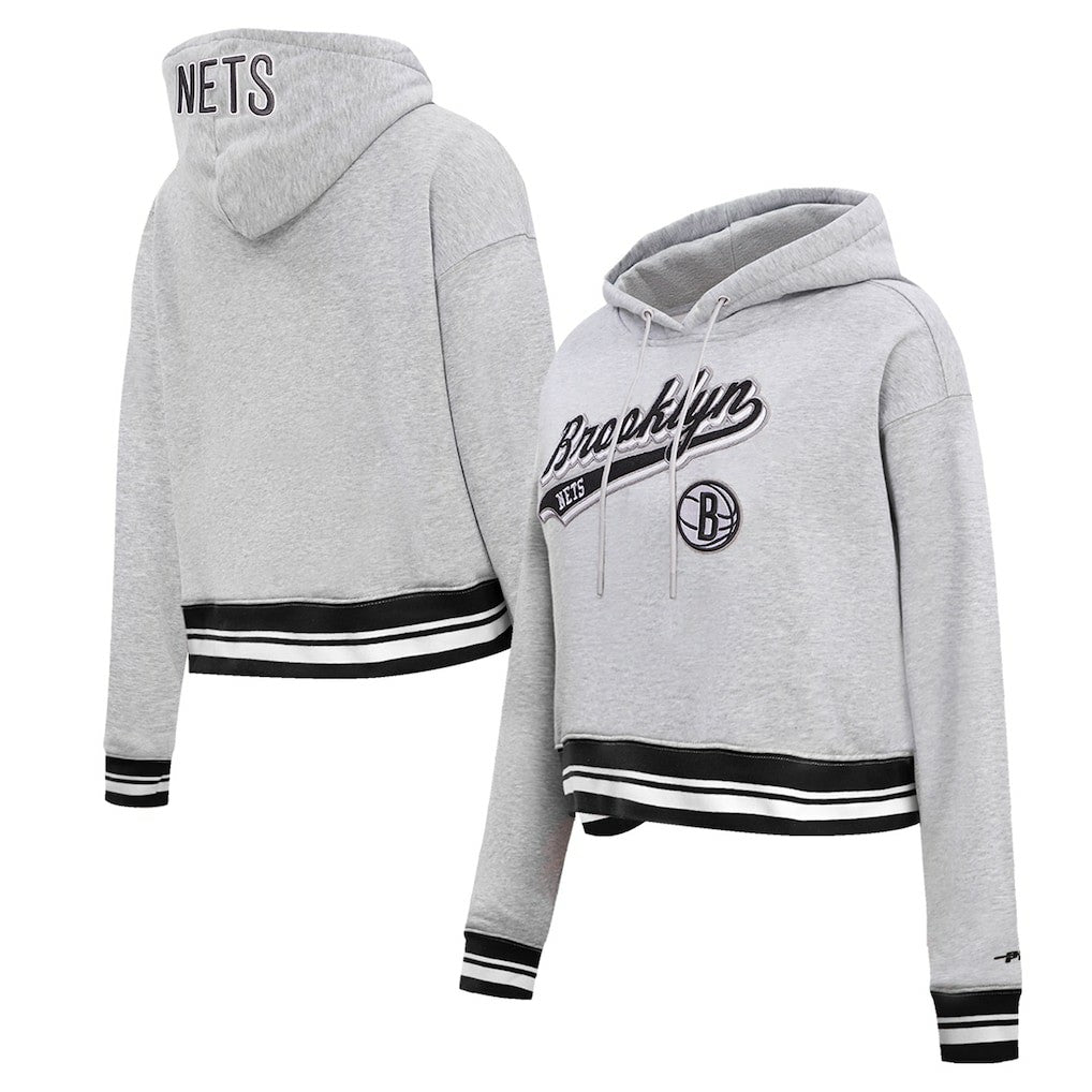 Heather Gray Brooklyn Nets Pro Standard Women's Script Tail Cropped Pullover Hoodie | NBA