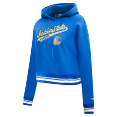 Royal Golden State Warriors Pro Standard Women's Script Tail Cropped Pullover Hoodie sale | NBA