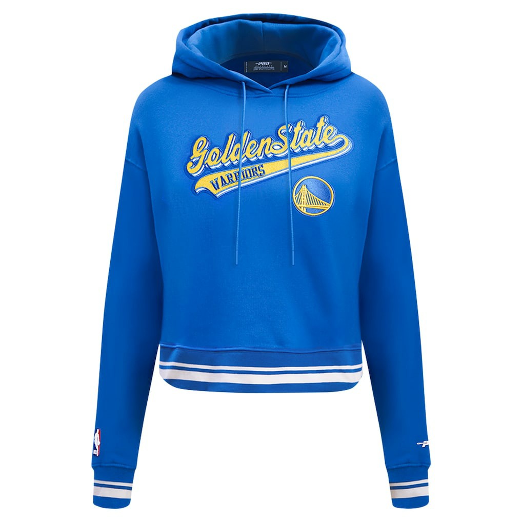 Royal Golden State Warriors Pro Standard Women's Script Tail Cropped Pullover Hoodie sale | NBA