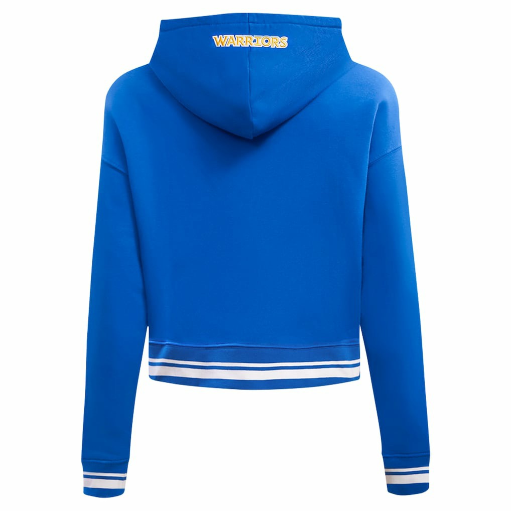 Royal Golden State Warriors Pro Standard Women's Script Tail Cropped Pullover Hoodie sale | NBA