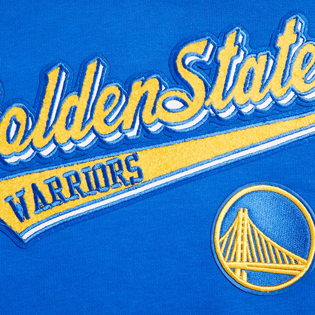 Royal Golden State Warriors Pro Standard Women's Script Tail Cropped Pullover Hoodie sale | NBA