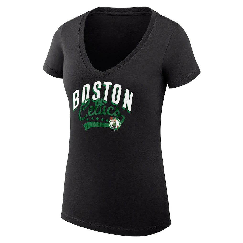 Black Boston Celtics G-III 4Her by Carl Banks Women's Super-Slim Fit Lightweight Filigree Logo V-Neck T-Shirt | NBA