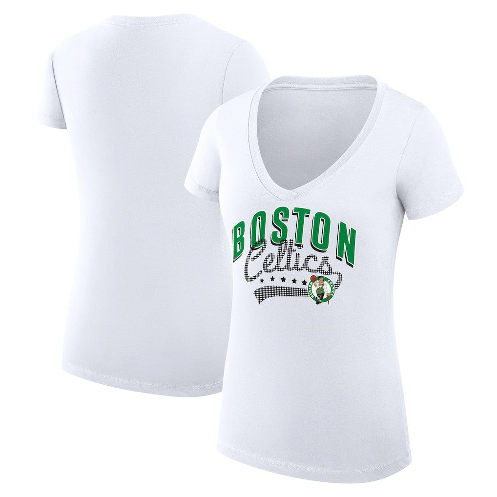 White Boston Celtics G-III 4Her by Carl Banks Women's Super-Slim Fit Lightweight Filigree Logo V-Neck T-Shirt | NBA