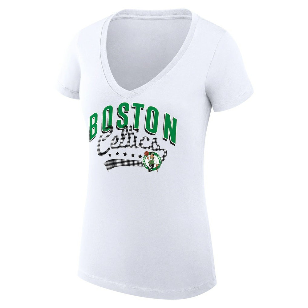 White Boston Celtics G-III 4Her by Carl Banks Women's Super-Slim Fit Lightweight Filigree Logo V-Neck T-Shirt | NBA