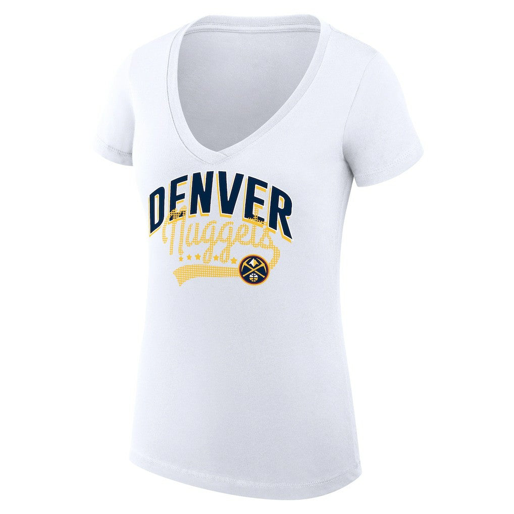 White Denver Nuggets G-III 4Her by Carl Banks Women's Super-Slim Fit Lightweight Filigree Logo V-Neck T-Shirt sale | NBA
