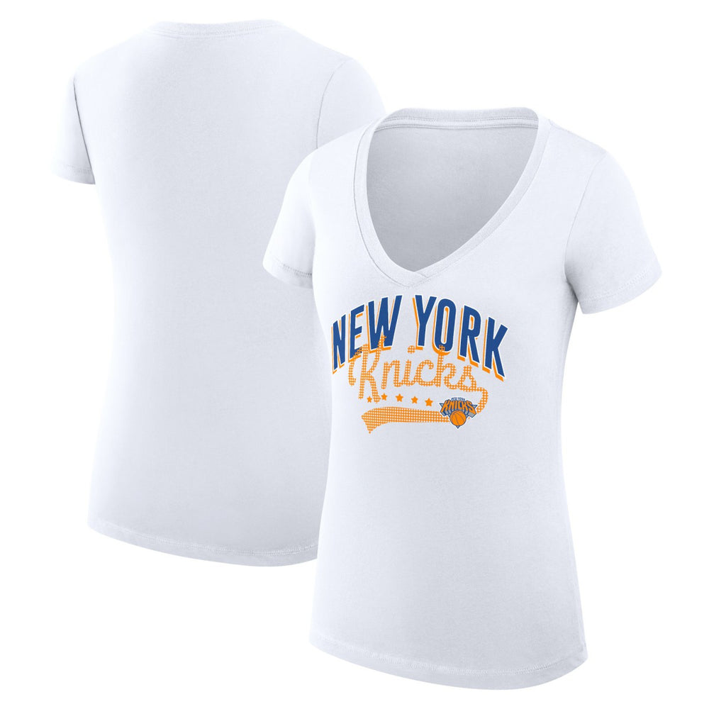 New York Knicks G-III 4Her by Carl Banks Women's Super-Slim Fit Lightweight Filigree Logo V-Neck T-Shirt - White sale | NBA