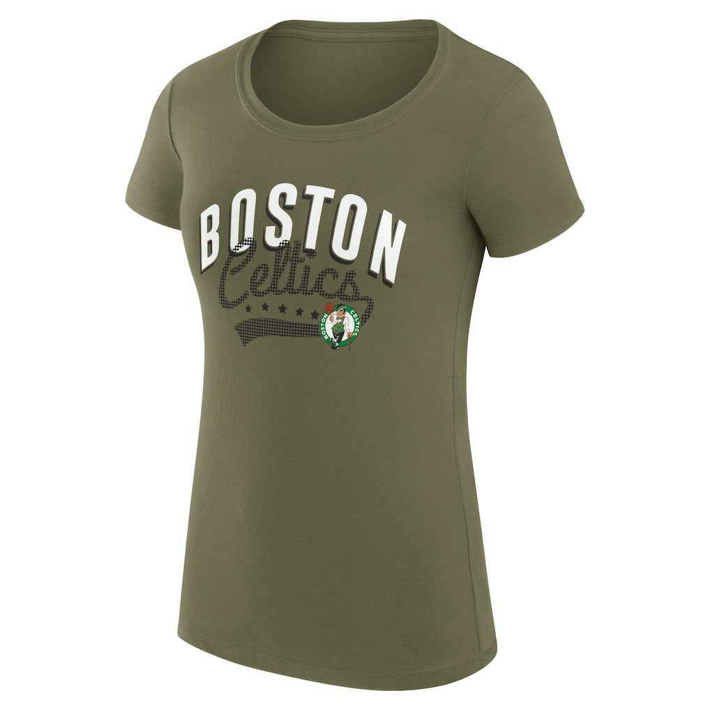 Boston Celtics G-III 4Her by Carl Banks Women's Super-Slim Fit Lightweight Filigree Logo T-Shirt - Olive outlet | NBA