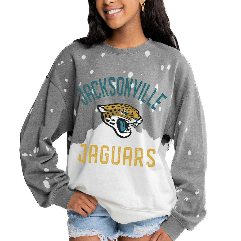 Jacksonville Jaguars Gameday Couture Women's Oversized Coin Toss Faded French Terry Tri-Blend Pullover Sweatshirt | NFL Discount