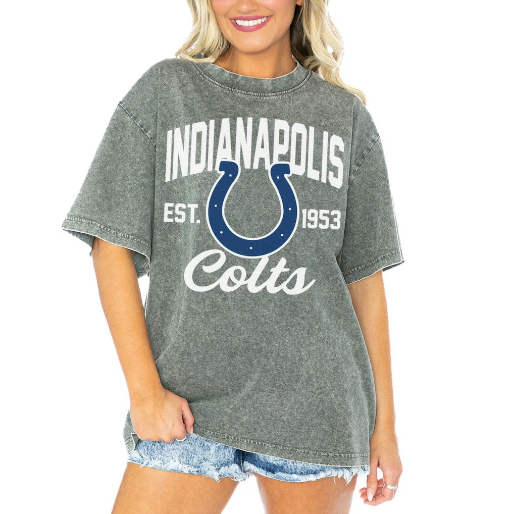 Indianapolis Colts Gameday Couture Women's Tackle Titan Boyfriend Washed T-Shirt | NFL New