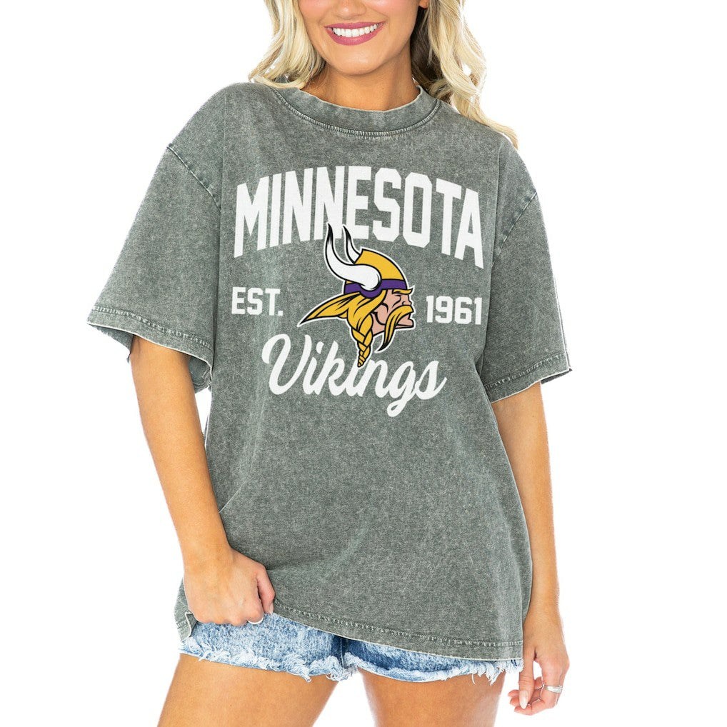 Minnesota Vikings Gameday Couture Women's Tackle Titan Boyfriend Washed T-Shirt | NFL Outlet
