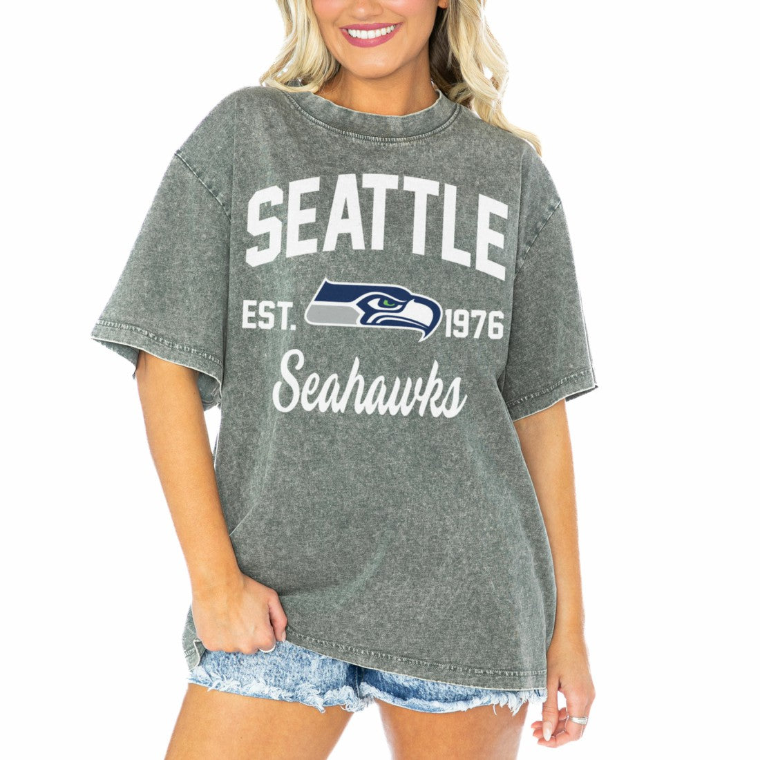 Seattle Seahawks Gameday Couture Women's Tackle Titan Boyfriend Washed T-Shirt | NFL Sale
