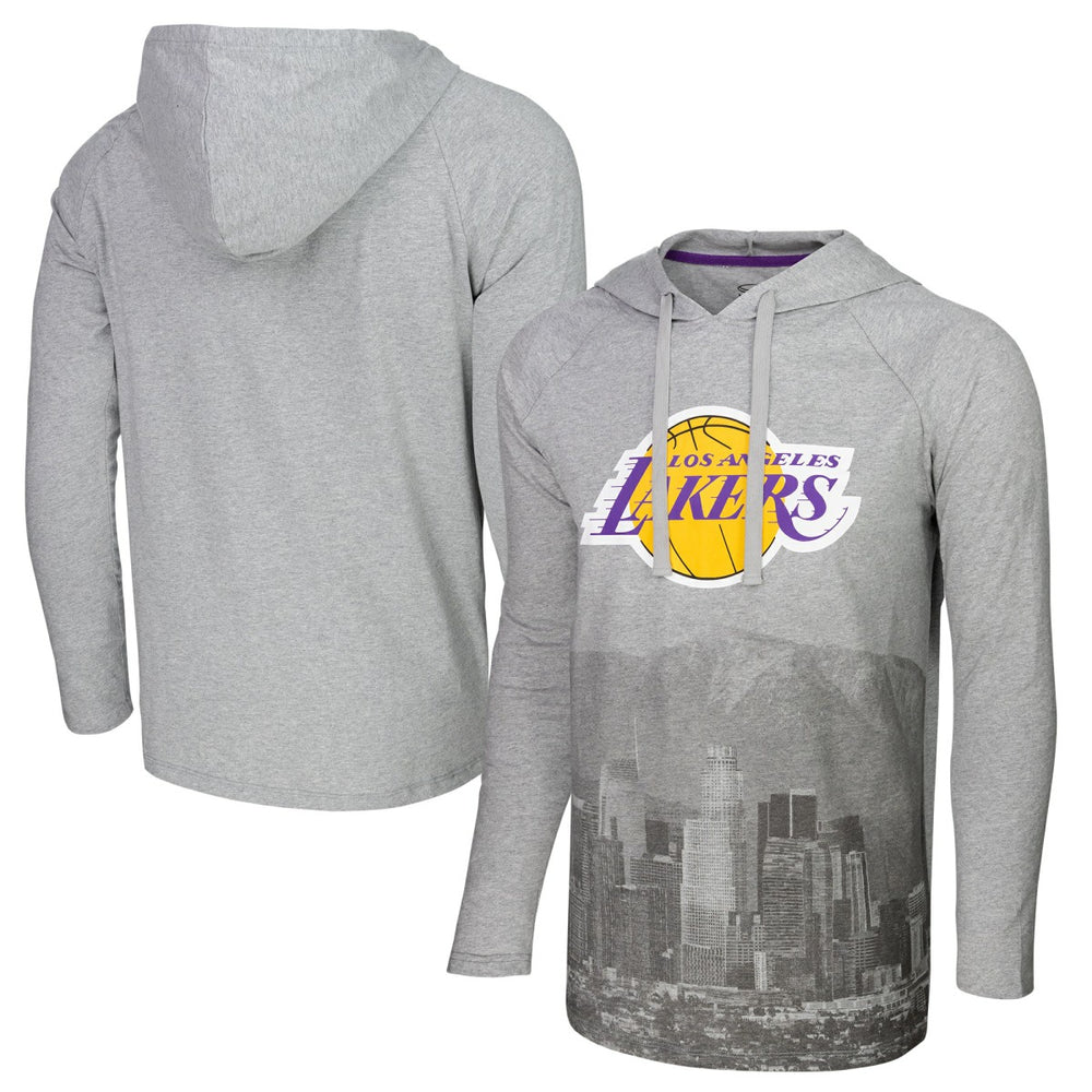 Heather Gray Los Angeles Lakers Stadium Essentials Atrium Raglan Long Sleeve Hoodie T-Shirt | NBA