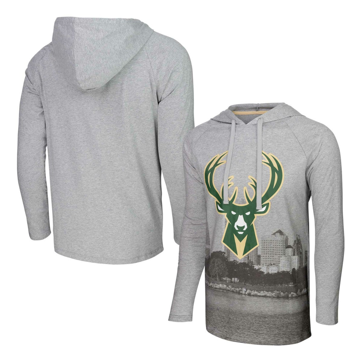 Heather Gray Milwaukee Bucks Stadium Essentials Atrium Raglan Long Sleeve Hoodie T-Shirt | NBA