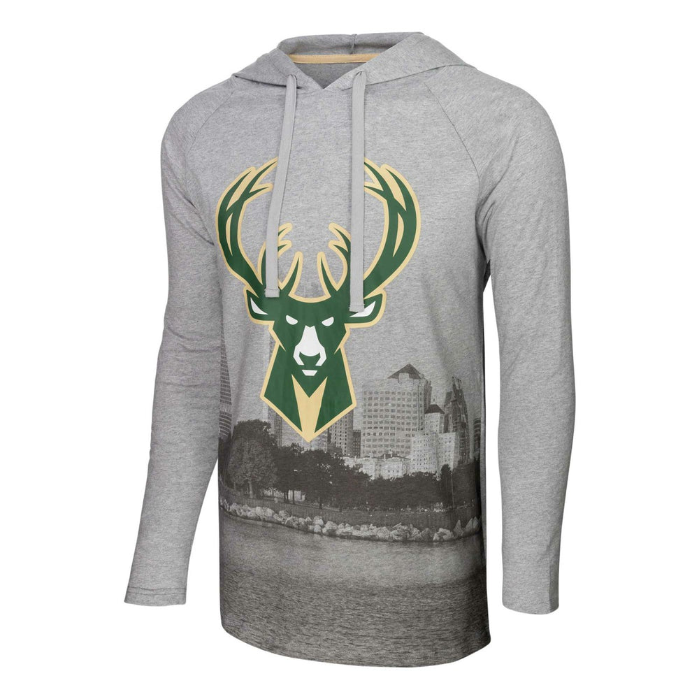 Heather Gray Milwaukee Bucks Stadium Essentials Atrium Raglan Long Sleeve Hoodie T-Shirt | NBA