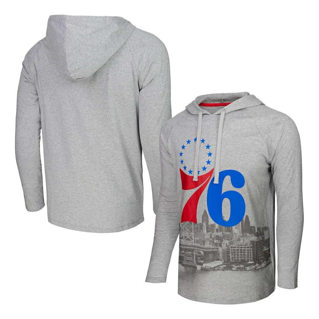 Heather Gray Philadelphia 76ers Stadium Essentials Atrium Raglan Long Sleeve Hoodie T-Shirt | NBA