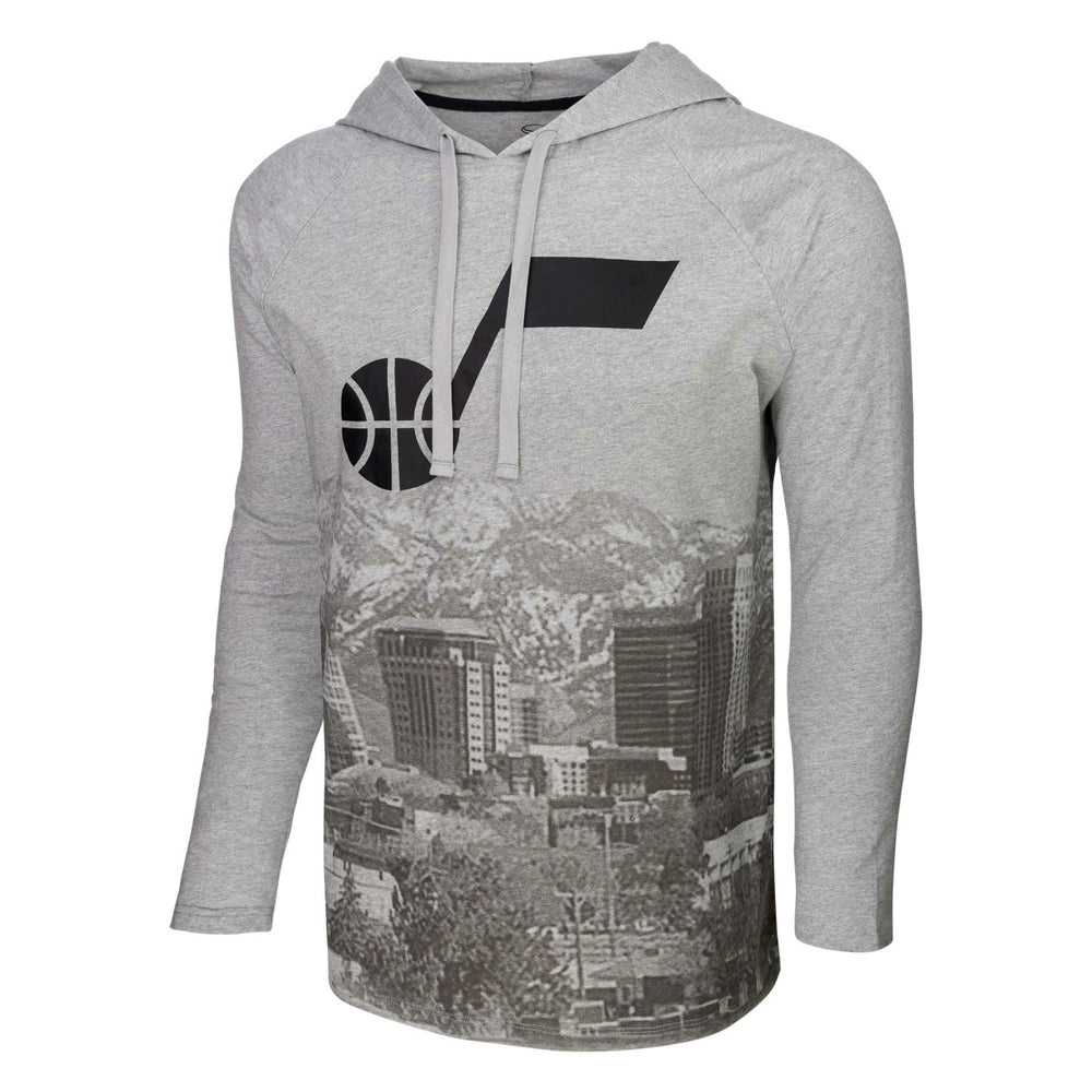 Heather Gray Utah Jazz Stadium Essentials Atrium Raglan Long Sleeve Hoodie T-Shirt | NBA