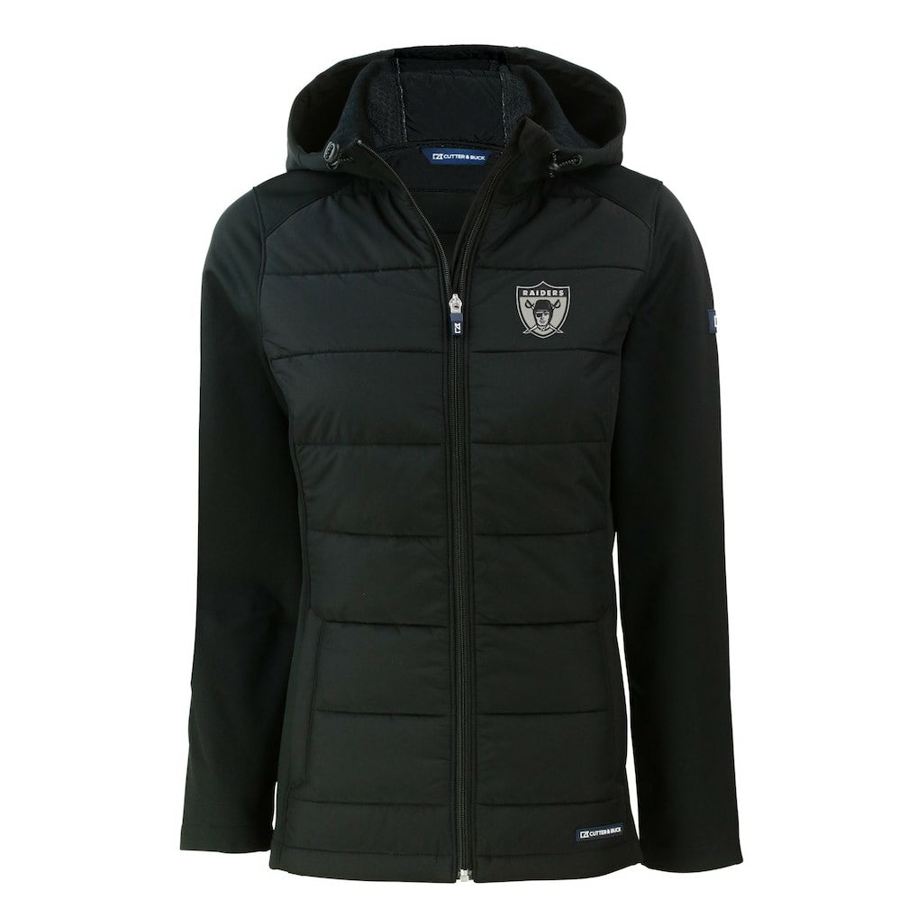 Las Vegas Raiders Cutter & Buck Women's Throwback Evoke Hybrid Eco Softshell Recycled Full-Zip Hoodie Jacket | NFL Discount