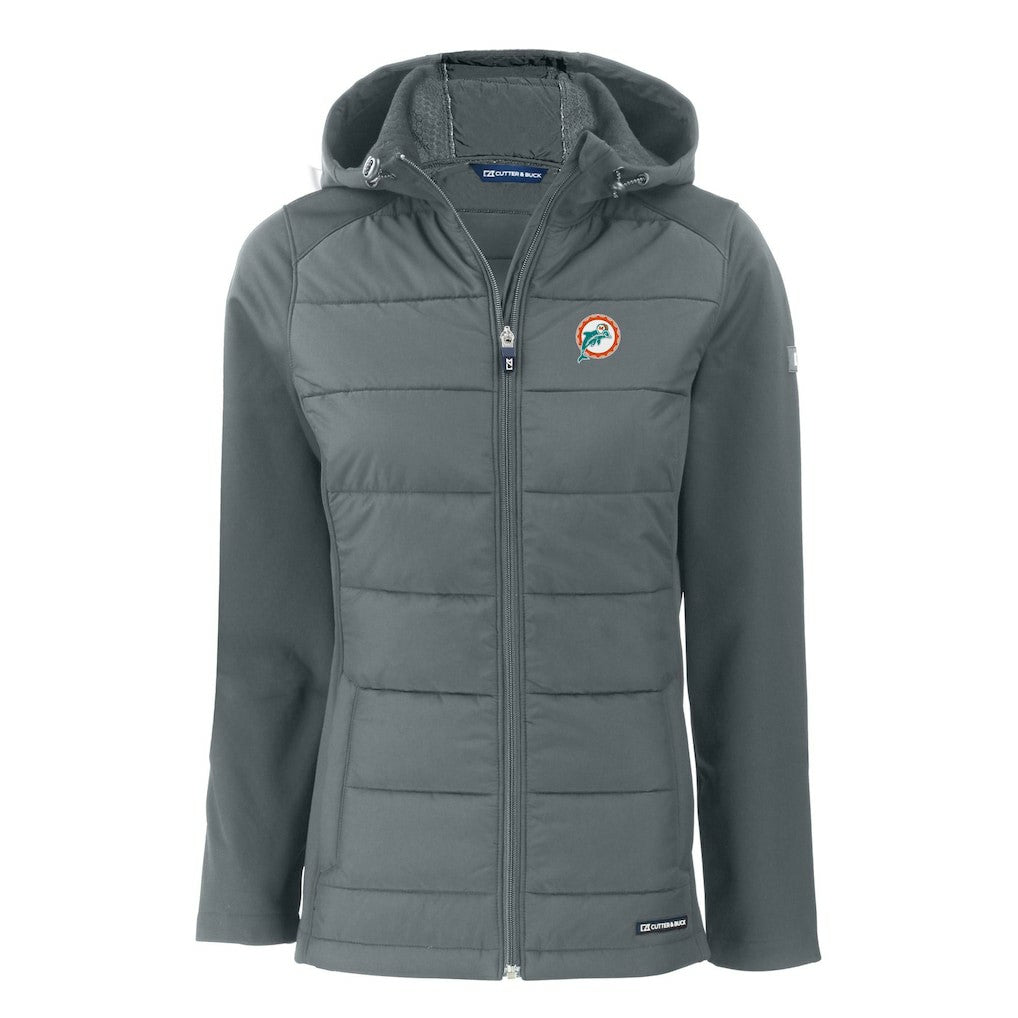 Miami Dolphins Cutter & Buck Women's Throwback Evoke Hybrid Eco Softshell Recycled Full-Zip Hoodie Jacket | NFL Sale