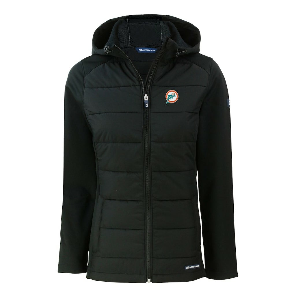 Miami Dolphins Cutter & Buck Women's Throwback Evoke Hybrid Eco Softshell Recycled Full-Zip Hoodie Jacket | NFL New