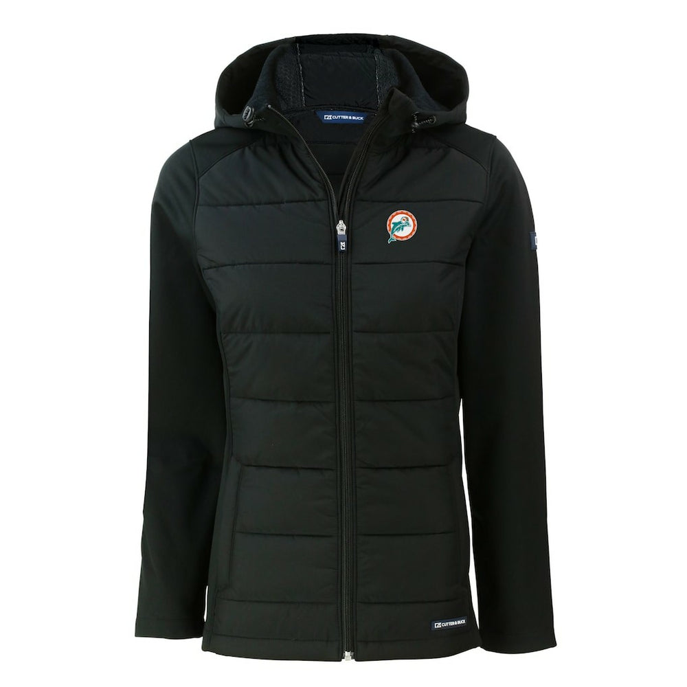 Miami Dolphins Cutter & Buck Women's Throwback Evoke Hybrid Eco Softshell Recycled Full-Zip Hoodie Jacket | NFL New
