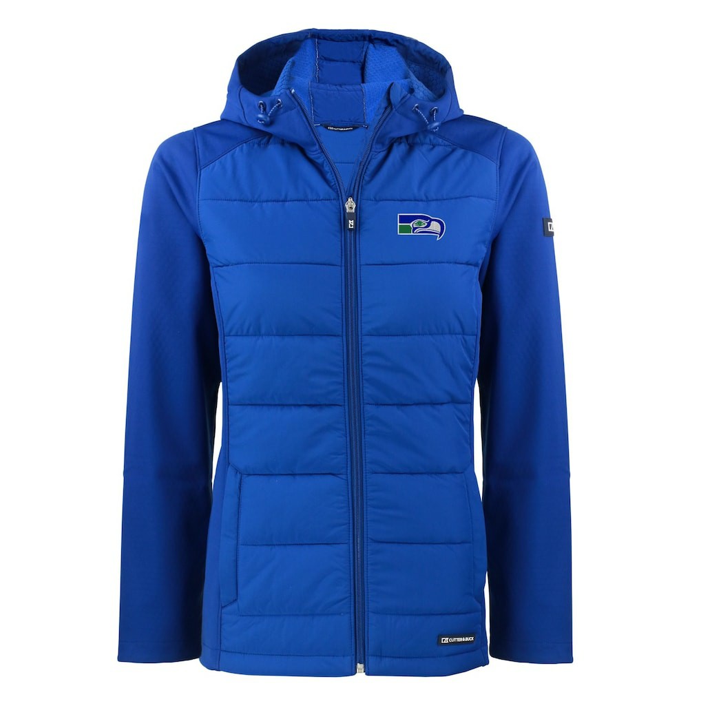 Seattle Seahawks Cutter & Buck Women's Throwback Evoke Hybrid Eco Softshell Recycled Full-Zip Hoodie Jacket | NFL Discount