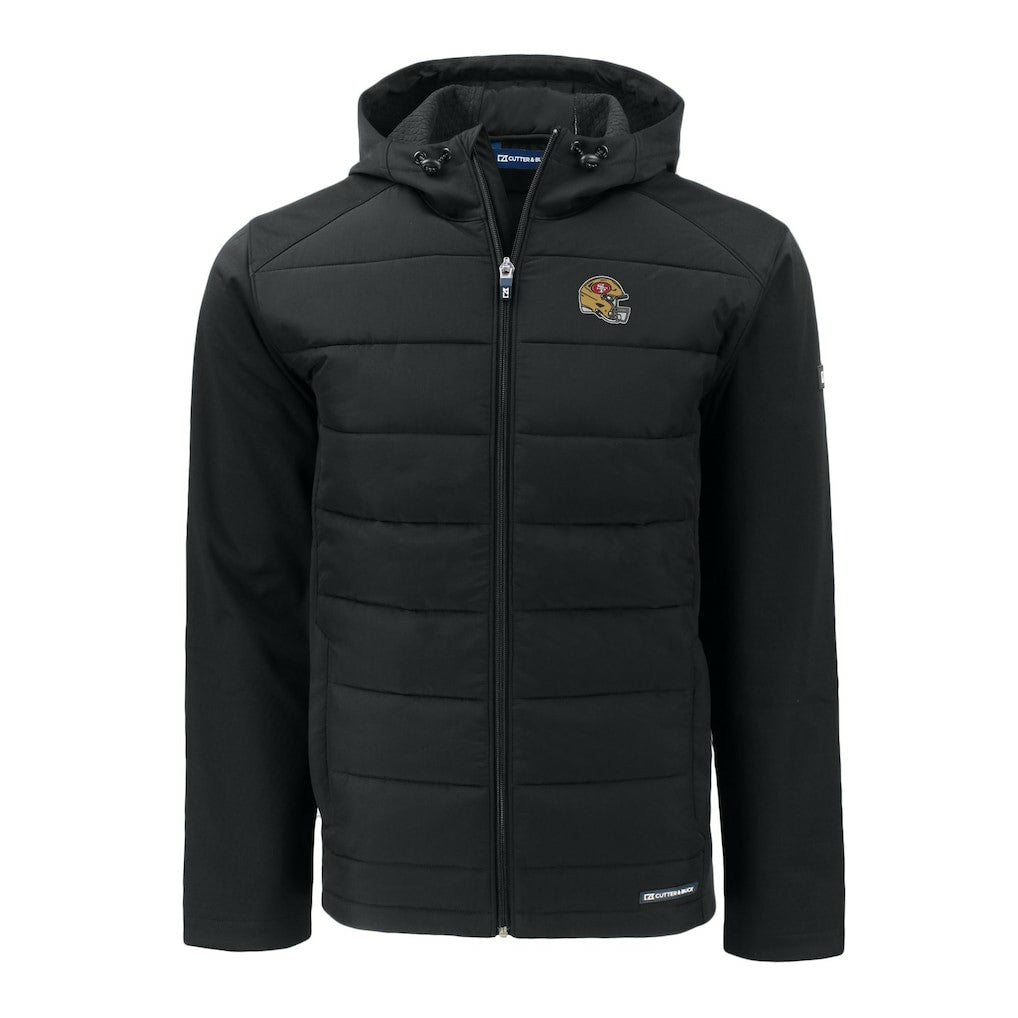 San Francisco 49ers Cutter & Buck Helmet Evoke Hybrid Eco Softshell Recycled Full-Zip Hoodie Jacket | NFL Outlet