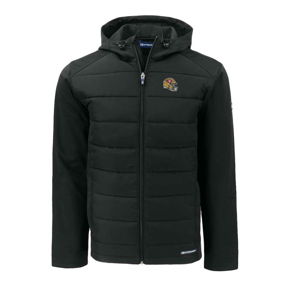 San Francisco 49ers Cutter & Buck Helmet Evoke Hybrid Eco Softshell Recycled Full-Zip Hoodie Jacket | NFL Outlet