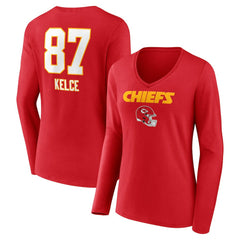Kansas City Chiefs Travis Kelce  Women's Team Wordmark Player Name & Number Long Sleeve V-Neck T-Shirt | NFL On sale
