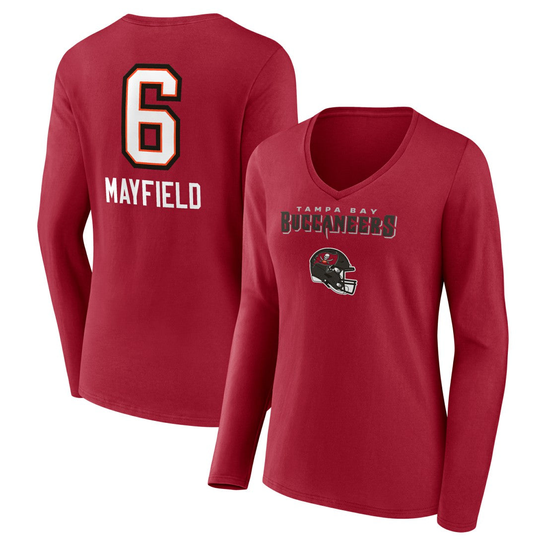 Tampa Bay Buccaneers Baker Mayfield  Women's Team Wordmark Player Name & Number Long Sleeve V-Neck T-Shirt | NFL Discount