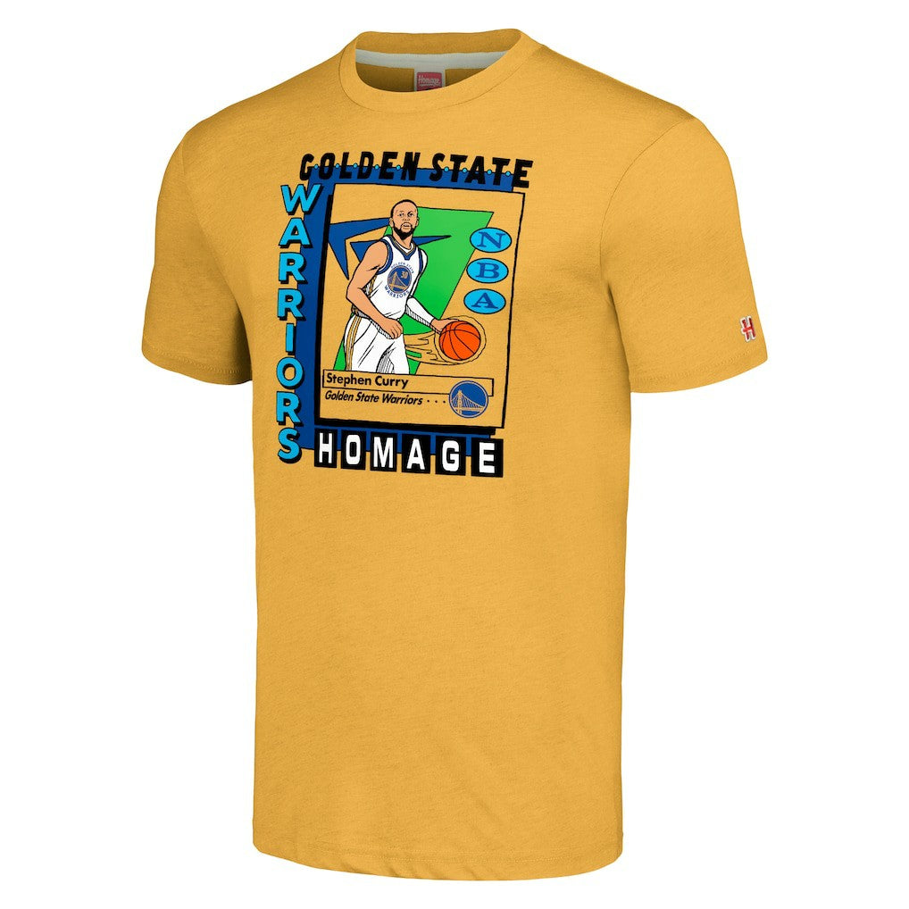 Gold Stephen Curry Golden State Warriors Homage Unisex SkyBox Player Tri-Blend T-Shirt sale | NBA