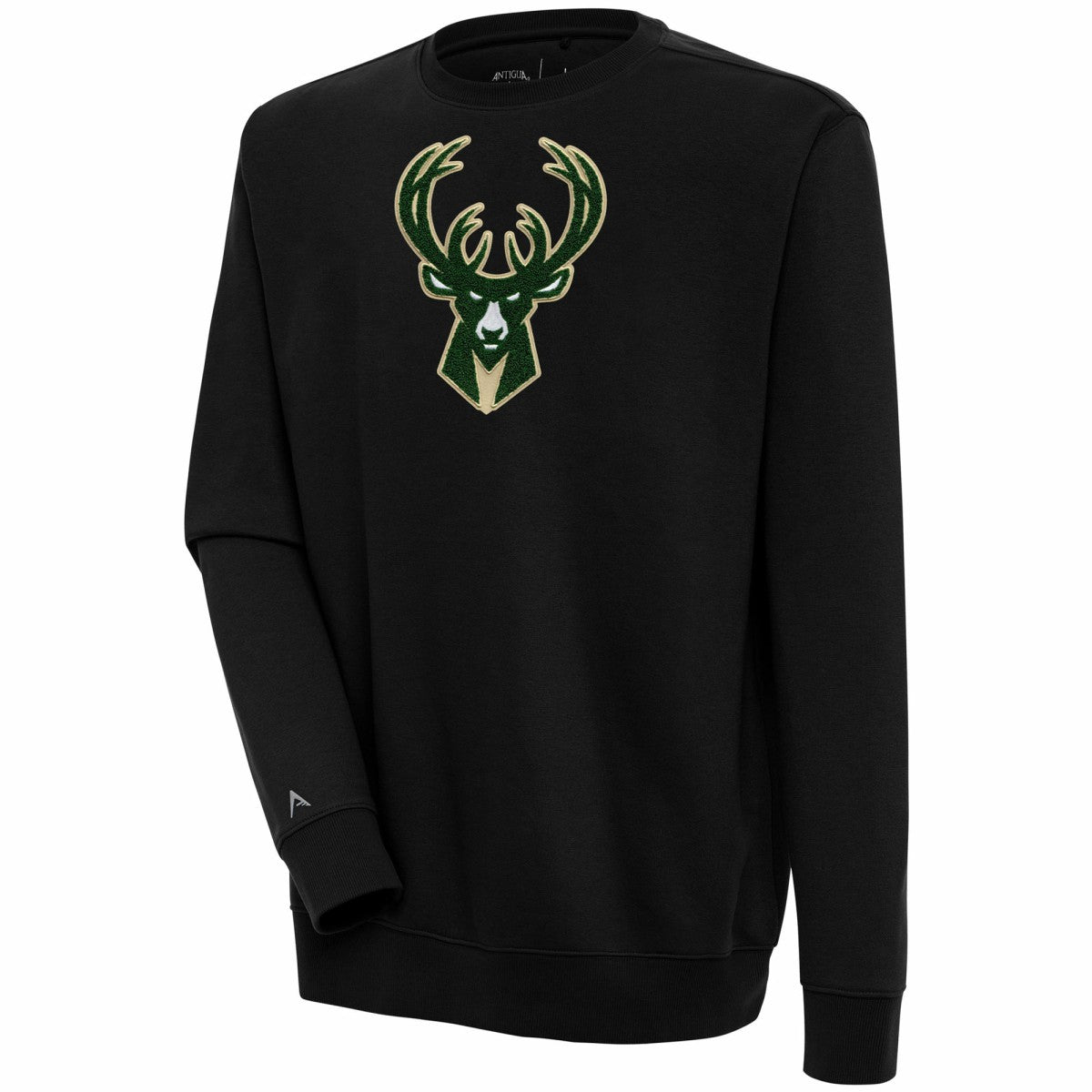 Black Milwaukee Bucks Antigua Victory Crewneck Pullover Sweatshirt | NBA