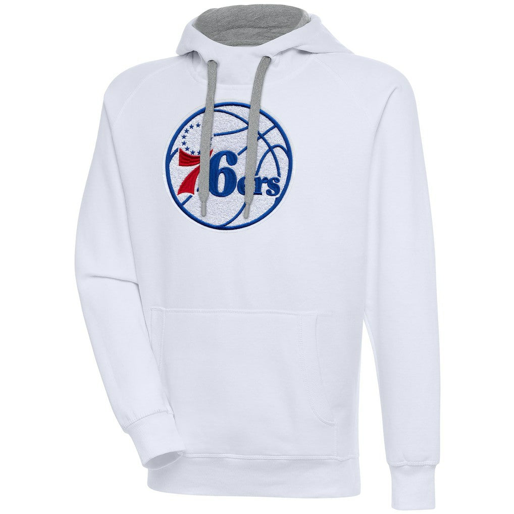 White Philadelphia 76ers Antigua Victory Pullover Hoodie | NBA