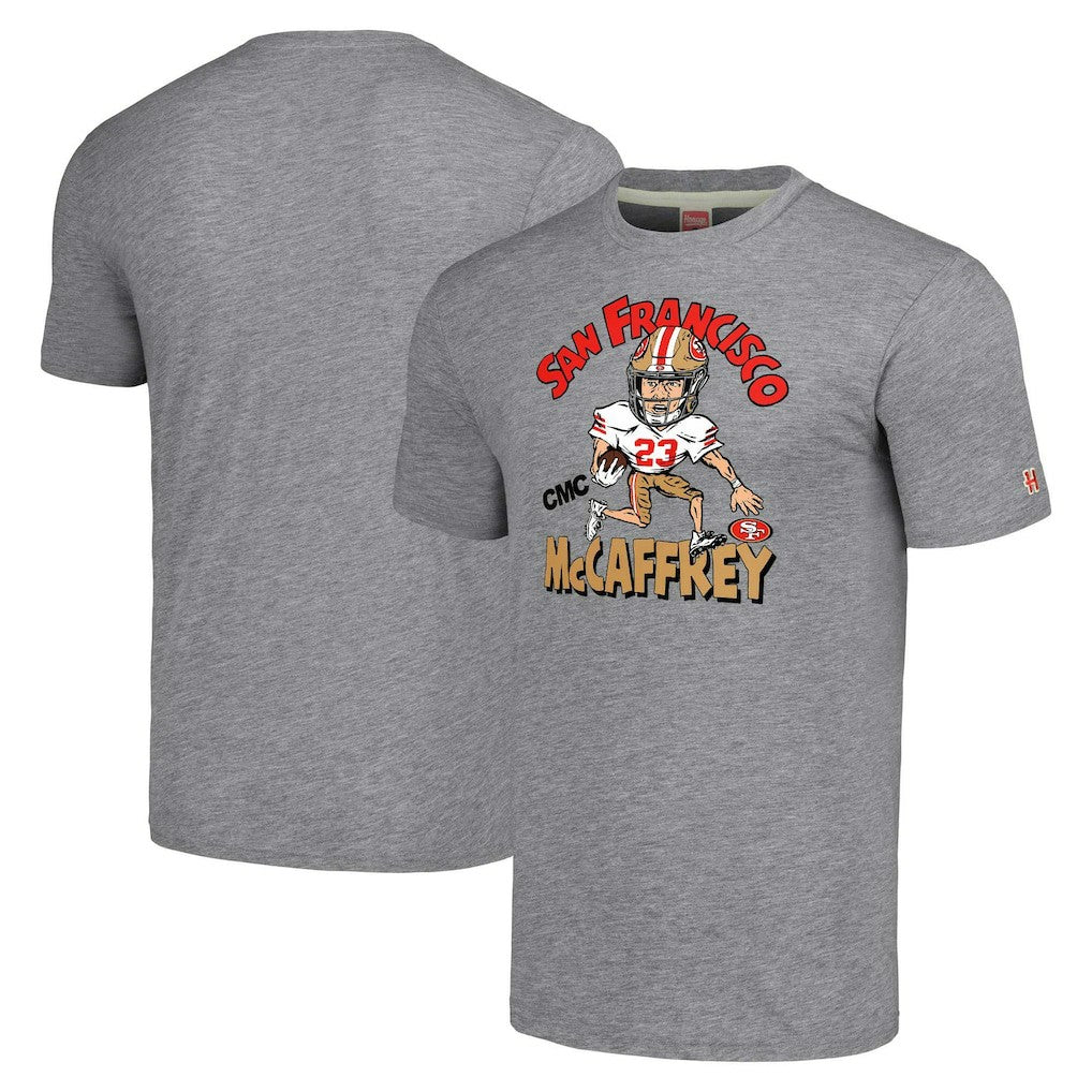 San Francisco 49ers Christian McCaffrey  Homage Unisex Caricature Player Tri-Blend T-Shirt | NFL Online